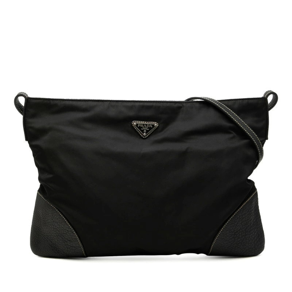 Prada Triangle Plate Crossbody Bag Black Leather
